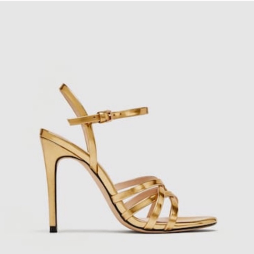 GOLD ZARA STRAPPY SANDAL HEELS 7.5/38